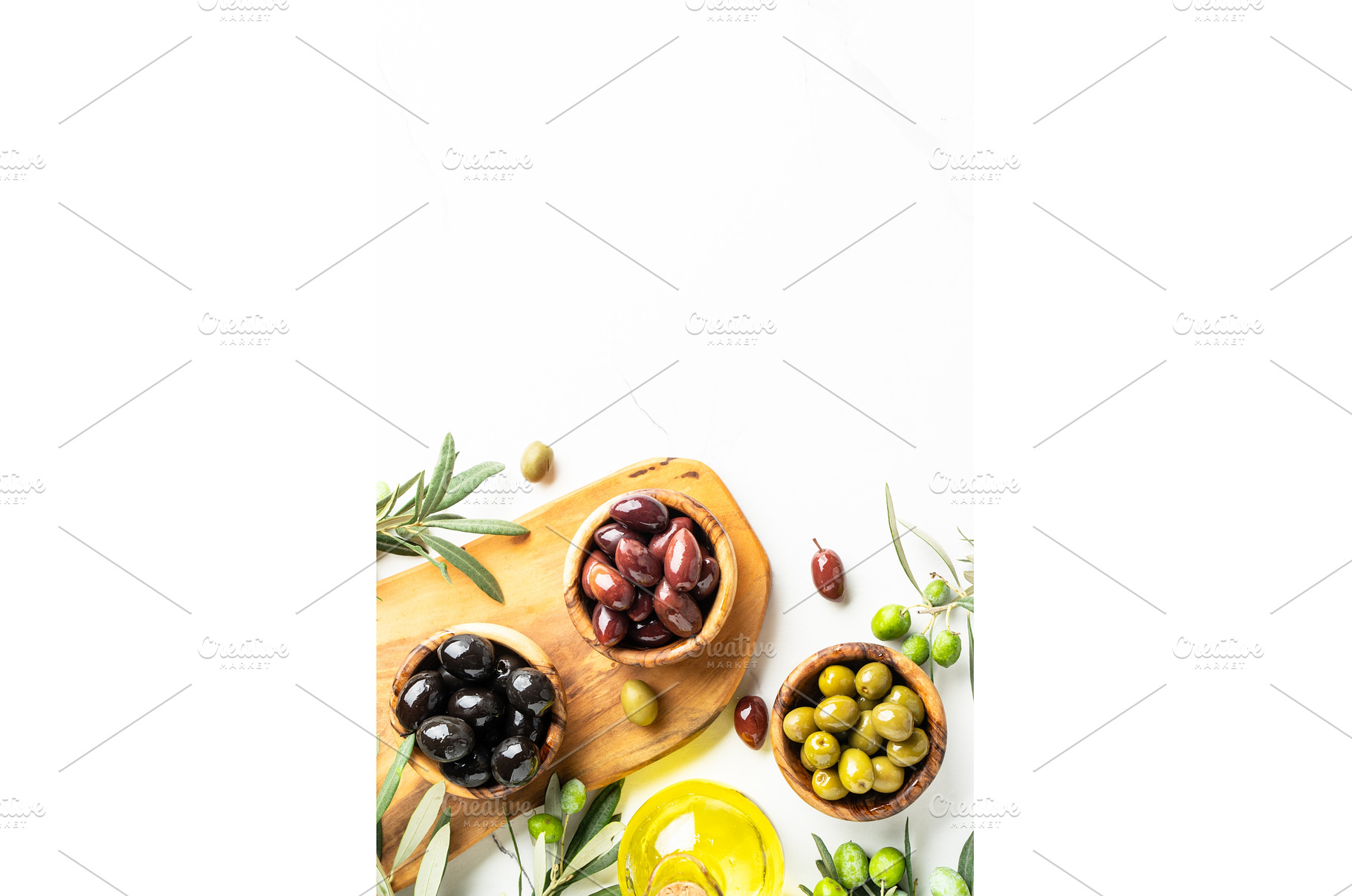 Olives in wooden bowls and Olive oil, a Food & Drink Photo by Nadia-nb