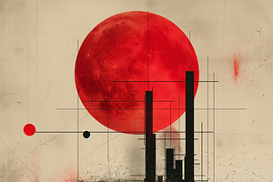 A striking abstract representation of a cityscape silhouetted ag, a Decorative Illustration by ImageMir