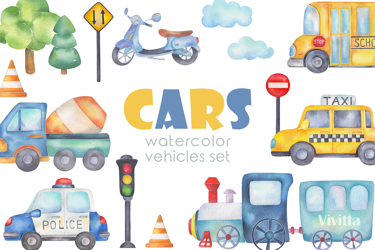 Cars watercolor transport set, an Education Illustration by Vivitta (Photo 1 of 8)