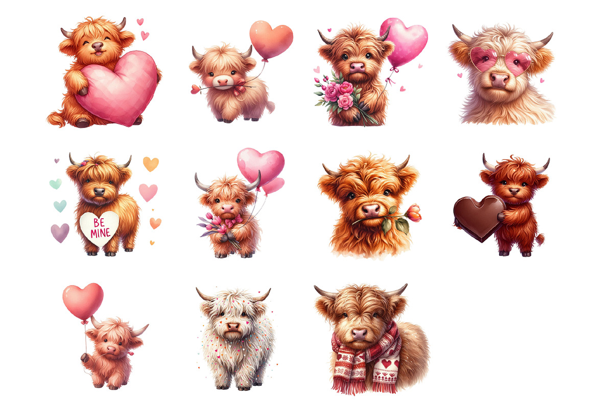 Valentine Highland Cow Clipart, an Illustration by Design Market (Photo 2 of 3)