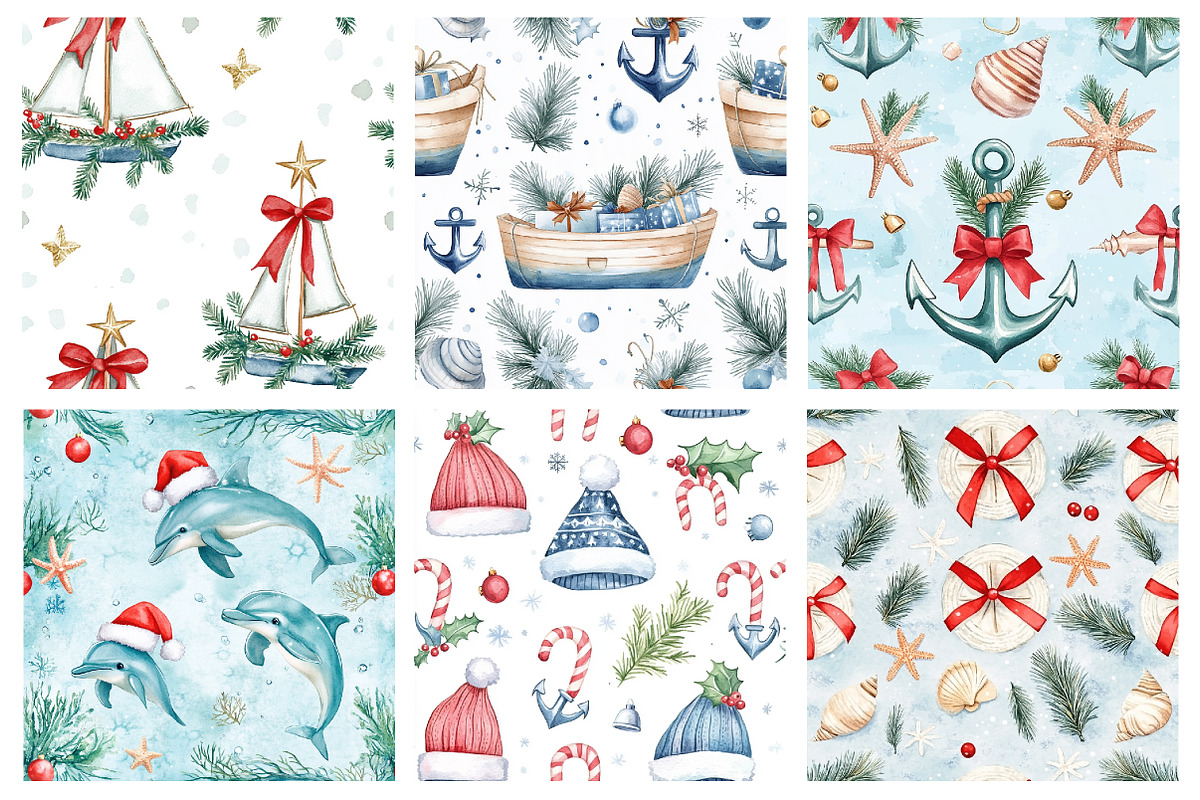 Watercolor Nautical Christmas Patter, a Pattern Graphic by Design Market (Photo 3 of 4)
