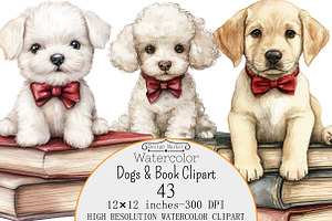 Watercolor Dogs & Book Clipart, a Seasonal Illustration by Design Market