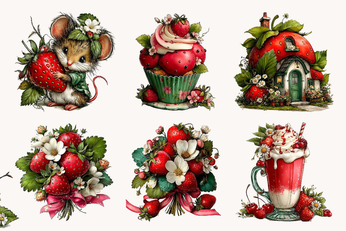 Whimsical strawberry Clipart, a Seasonal Illustration by Designworld (Photo 2 of 10)