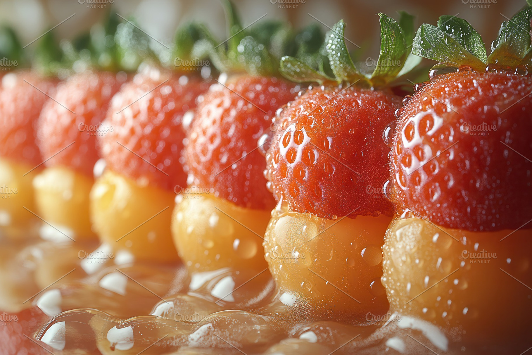 Fresh strawberries and melon balls a, a Photo by Tanuart