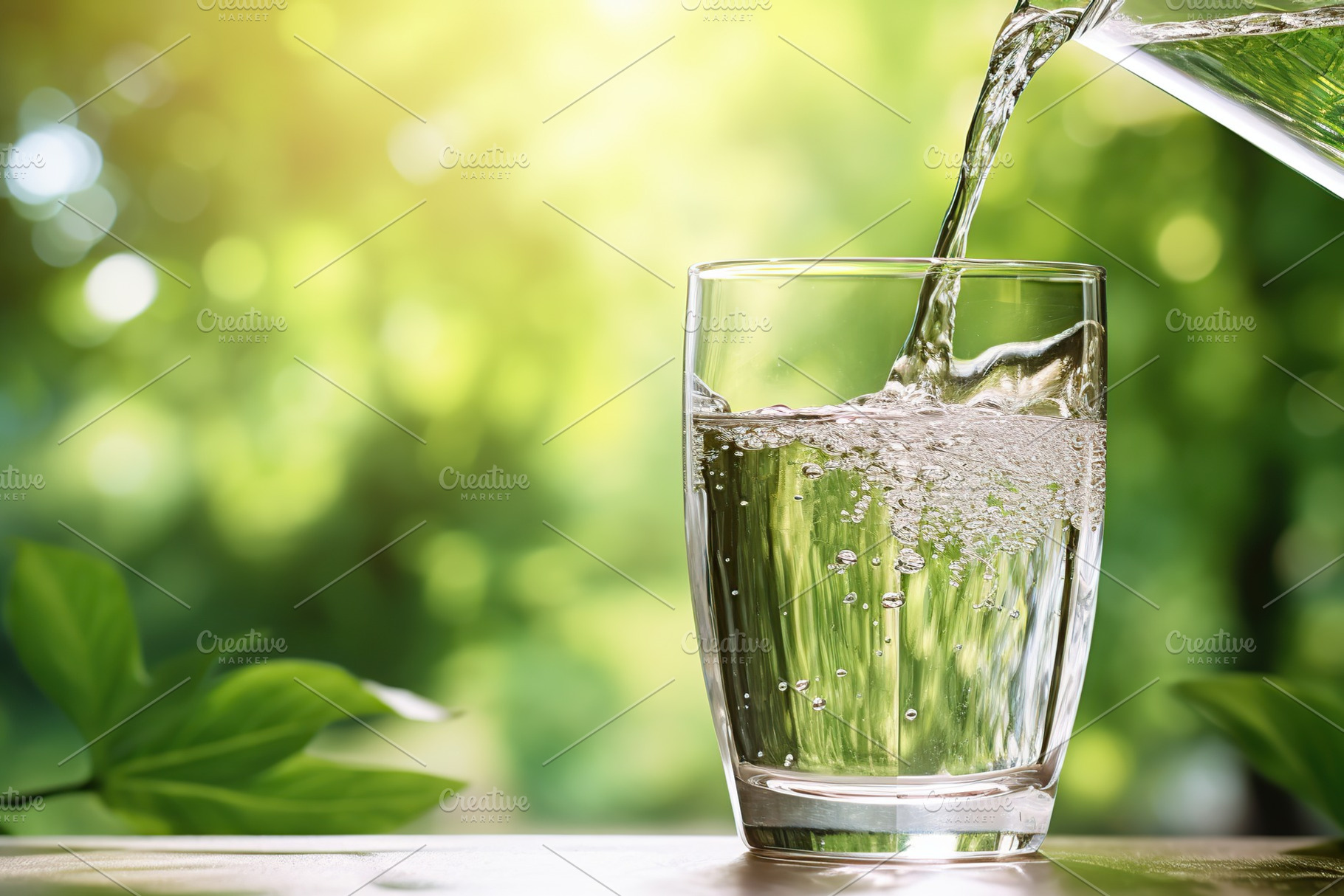 Pouring water from bottle into glass of water on blurred green background, a Food & Drink Photo by AlyaAnd