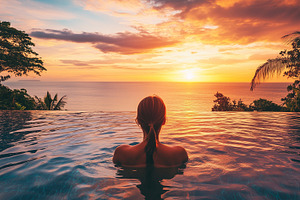 Woman relaxing in infinity pool, a Person Photo by MistyDay