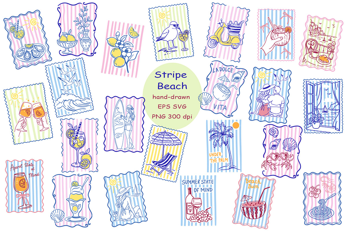Mediterranean Summer & Stripe Beach, a Seasonal Illustration by Watercolor dreams (Photo 1 of 3)