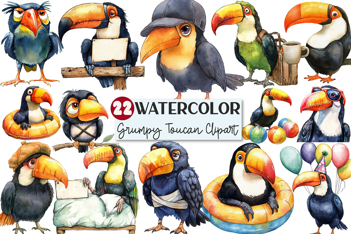 Grumpy Toucan Watercolor Clipart, an Illustration by Rose Art (Photo 1 of 7)