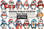 Christmas Penguin Watercolor Clipart, an Illustration by Black Bird Studio (Thumbnail 1 of 6)