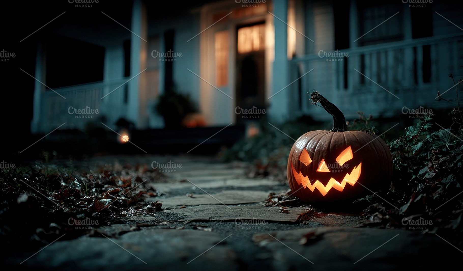 Glowing jack o lantern with jagged face on stone path near porch, a Holiday Photo by José Manuel Gelpi