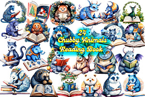 Chubby Animals Reading Book Clipart, an Illustration by Wow Magic