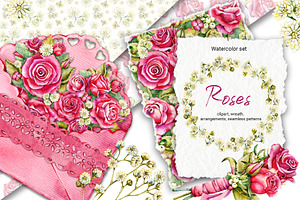 Red roses, floral watercolor set