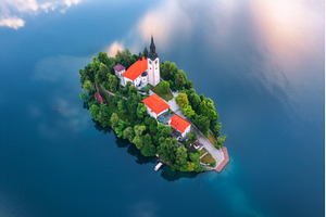 Aerial view of lake Bled with island, an Architecture Photo by den-belitsky