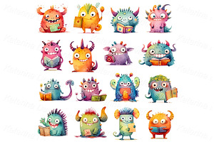 Cartoon Monsters With Books Stickers