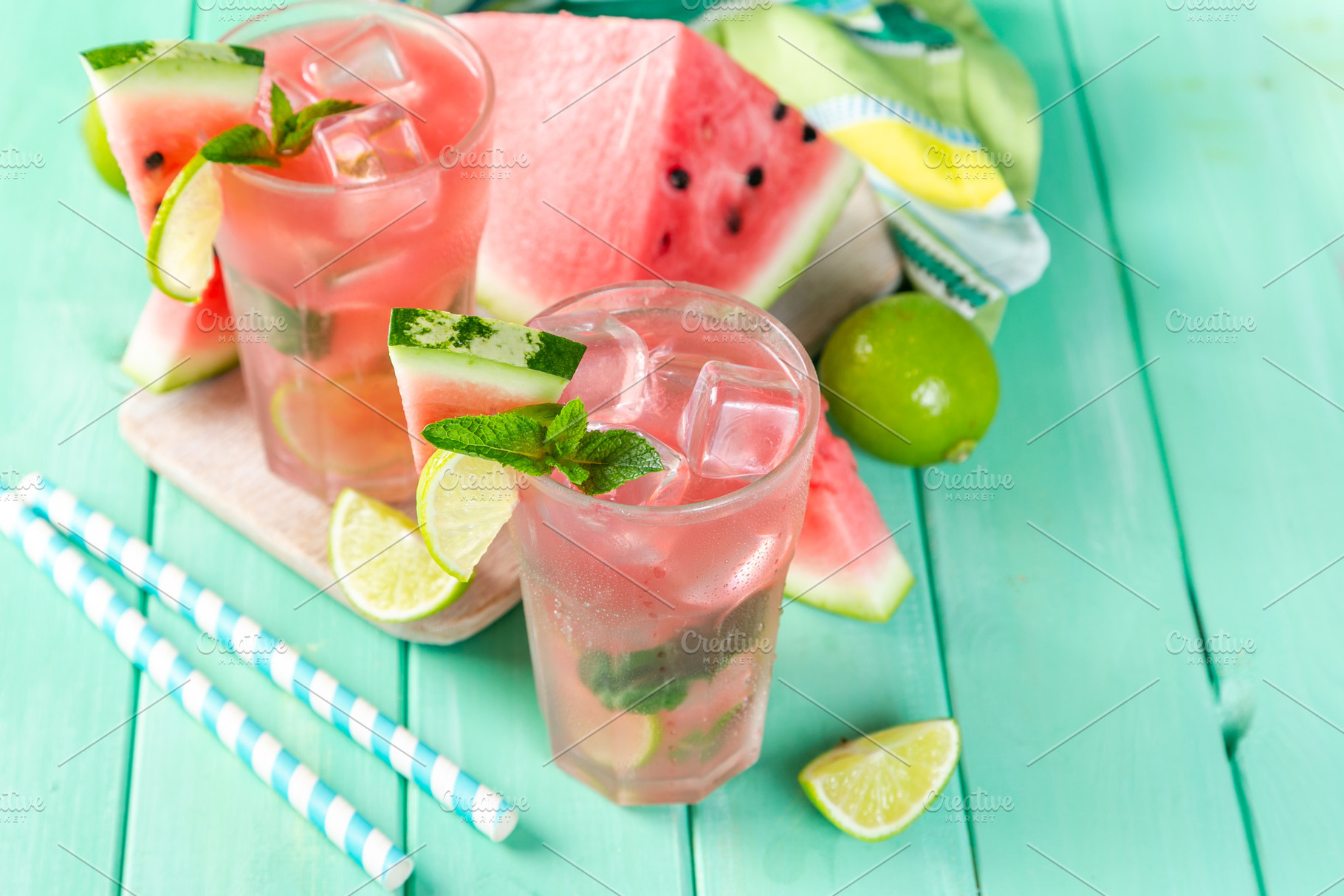 Watermelon lemonade with lime and containing watermelon, lemonade, and mojito, a Food & Drink Photo by NaumenkoOS