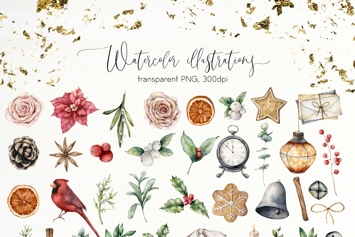 Vintage Christmas Watercolor clipart, a Seasonal Illustration by Yuliya Derbisheva (Photo 8 of 14)