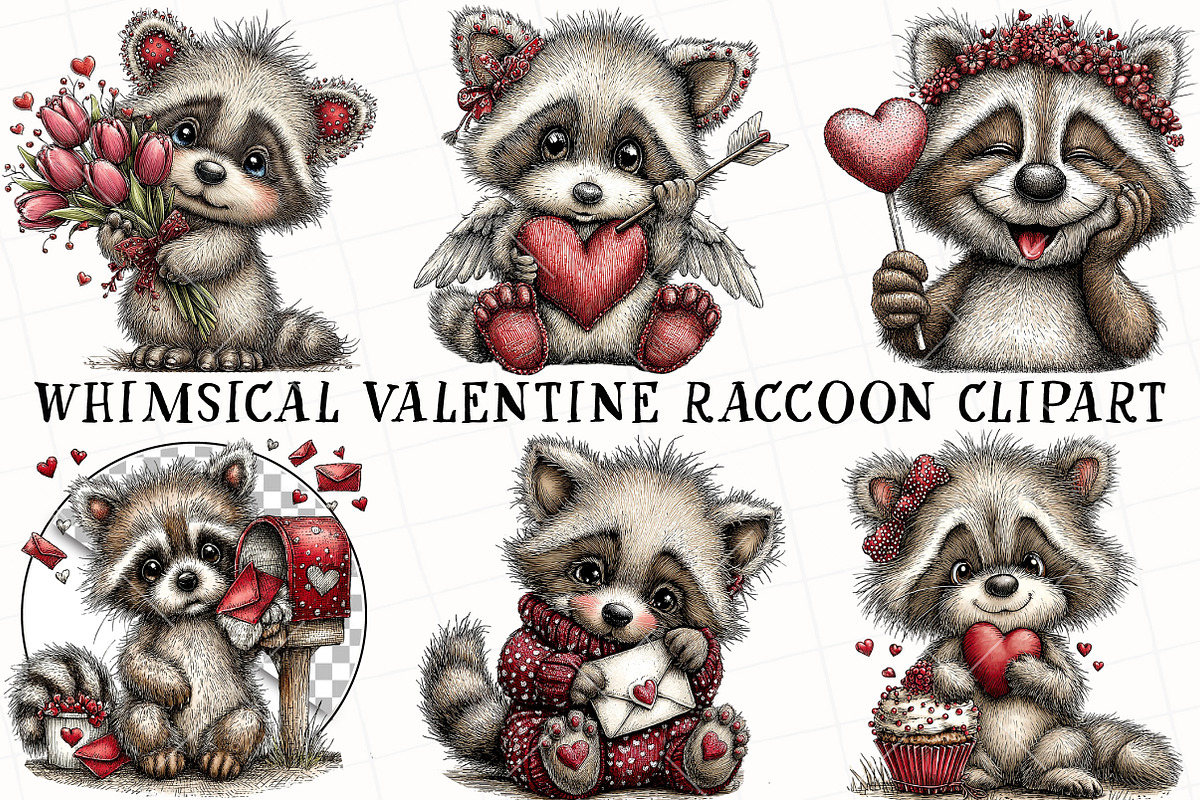 Whimsical Valentine Raccoon Clipart, an Illustration by OK Design (Photo 2 of 6)