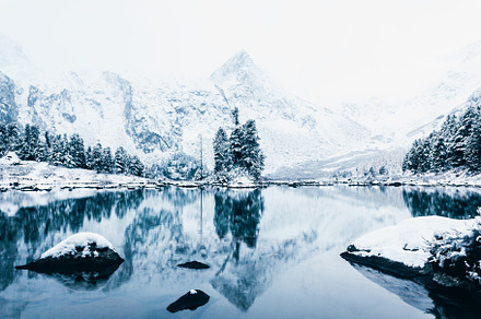 Mirror surface of winter lake featuring water, snow, and landscape, a Nature Photo by KemKem