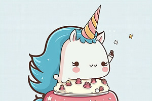 Beautiful And Childish Unicorn With A Delicious Birthday Cake On