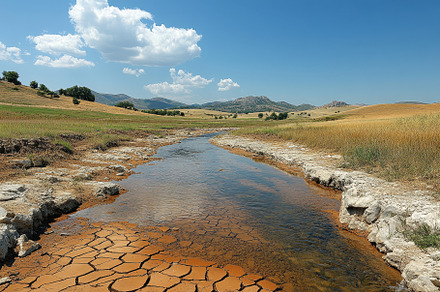 Dry riverbed surrounded by hills and, a Photo by Tanuart