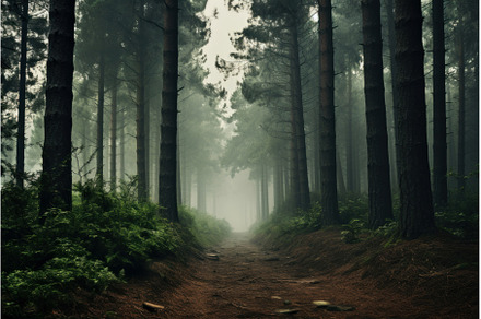 Mystical forest path in morning fog, a Nature Photo by Ylivdesign