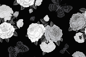 Set Of Vintage Floral Pattern B & W