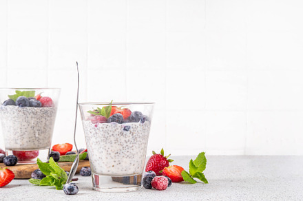 Chia seeds pudding dessert with fresh berries