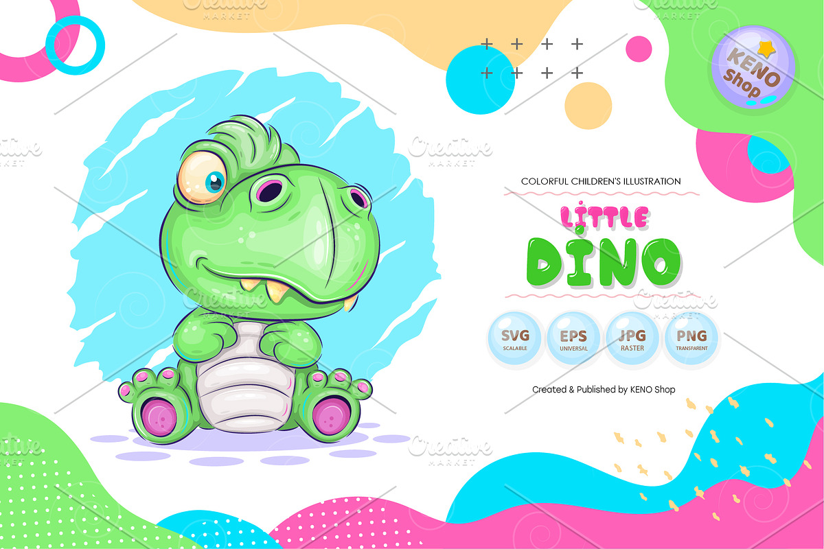 Cartoon little Dino. Tshirt, PNG., an Animal Illustration by KENO Mascots (Photo 1 of 4)