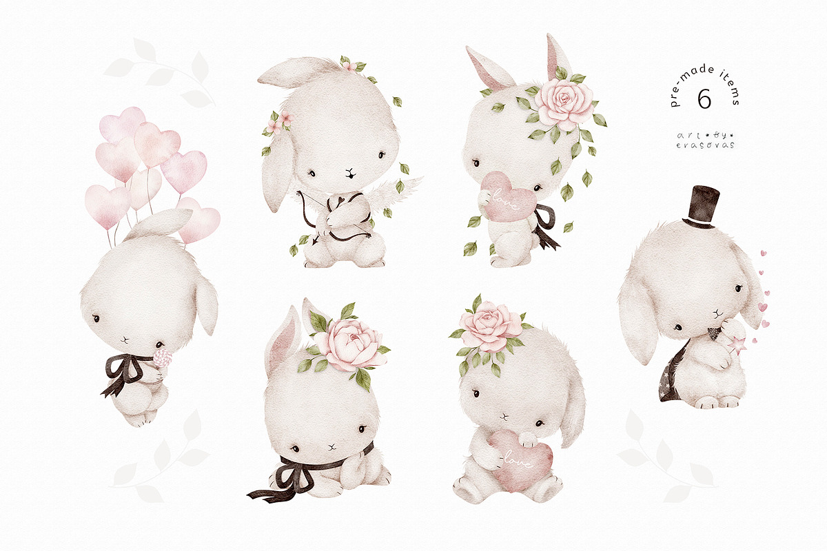 LOVELY BUNNIES watercolor set, an Animal Illustration by erasovas (Photo 3 of 11)