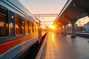 Train at sunset on a platform, a Transportation Photo by AlyaAnd