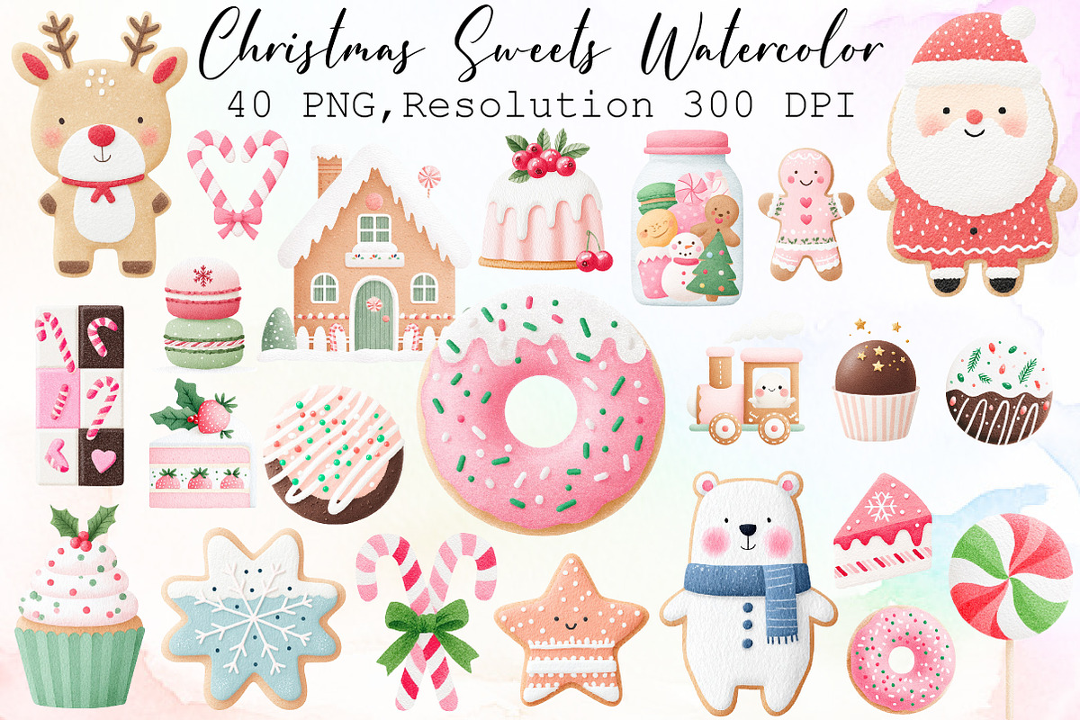 Christmas Sweets Watercolor Clipart, an Illustration by Sublimation Artist (Photo 1 of 6)