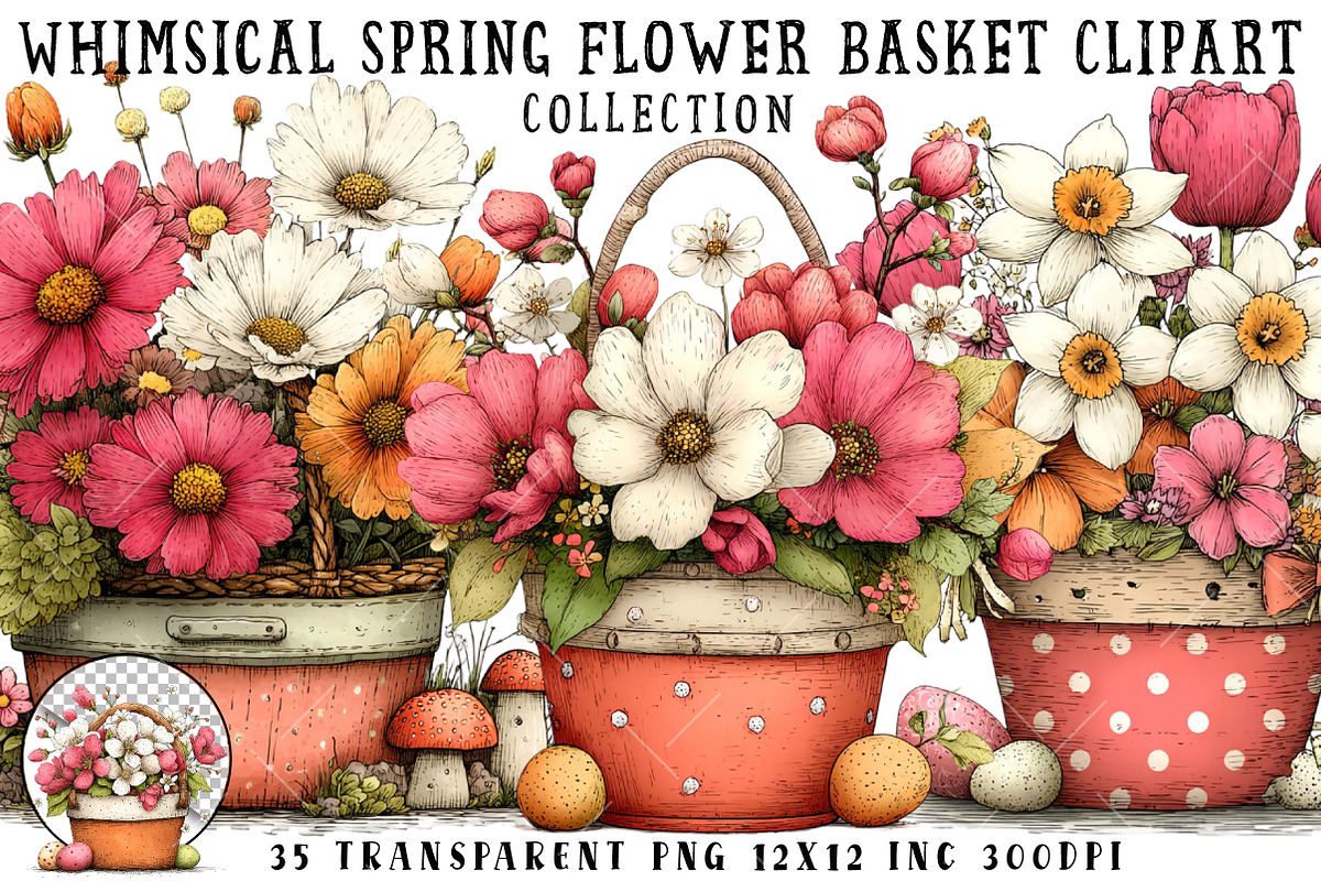 Whimsical Flower Basket Clipart, an Illustration by OK Design (Photo 1 of 6)