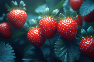 Fresh red strawberries grow on green, a Photo by Tanuart