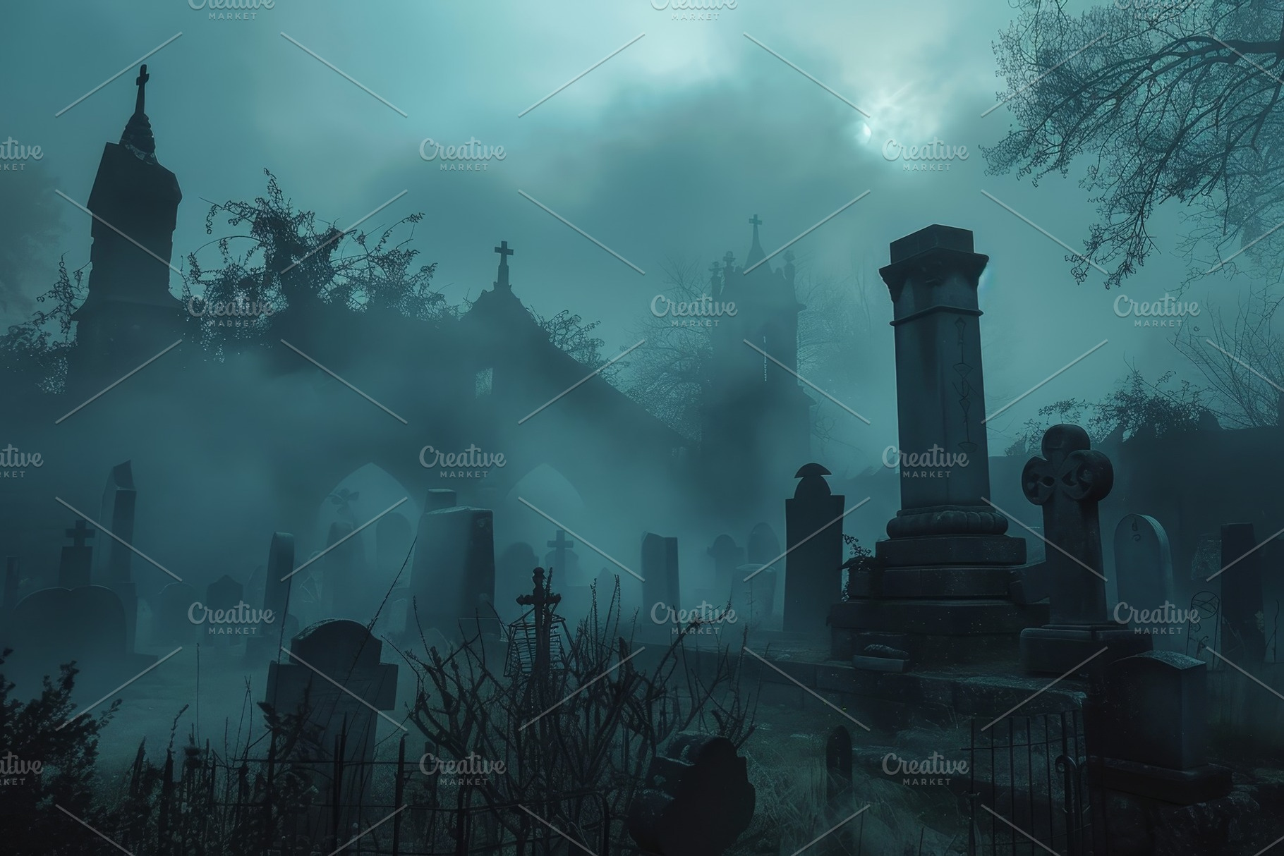 A graveyard obscured by fog, creatin, a Photo by Iftikhar Alam