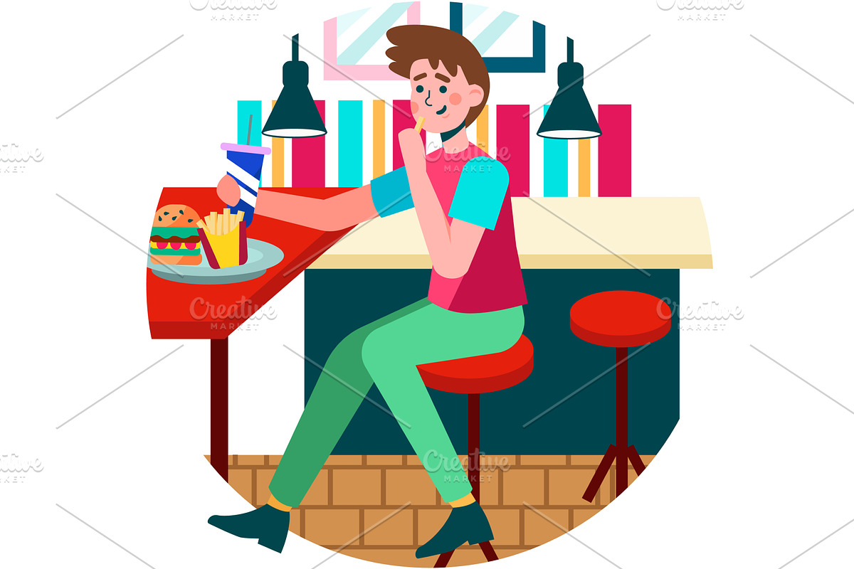 Man eating at fast food restaurant, a Person Illustration by vectorpointstudio