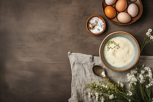 Fresh dairy products on brown background, a Food & Drink Photo by AlyaAnd