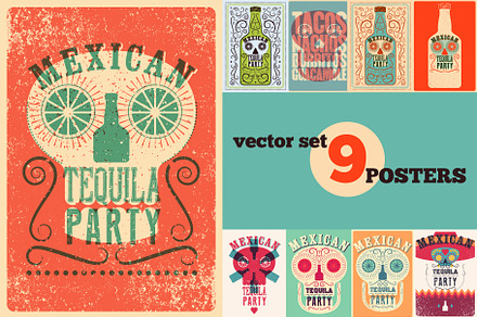 Mexican Party vector poster set.