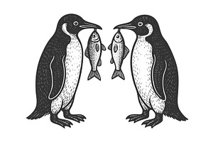 Two penguins holding fish facing, an Animal Illustration by AlexArt