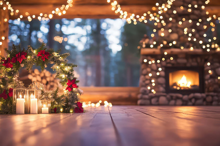 Cozy cabin with a stone fireplace, Christmas stockings, and twinkling lights on, a Holiday Photo by Mashimara