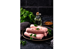 Boiled pork sausages with spices, a Food & Drink Photo by Yulia Furman