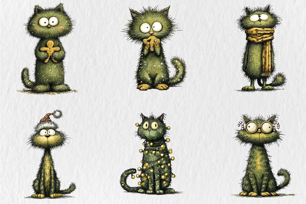 Whimsical Christmas Green Cats Clipa, a Seasonal Illustration by Rose Art (Photo 4 of 6)