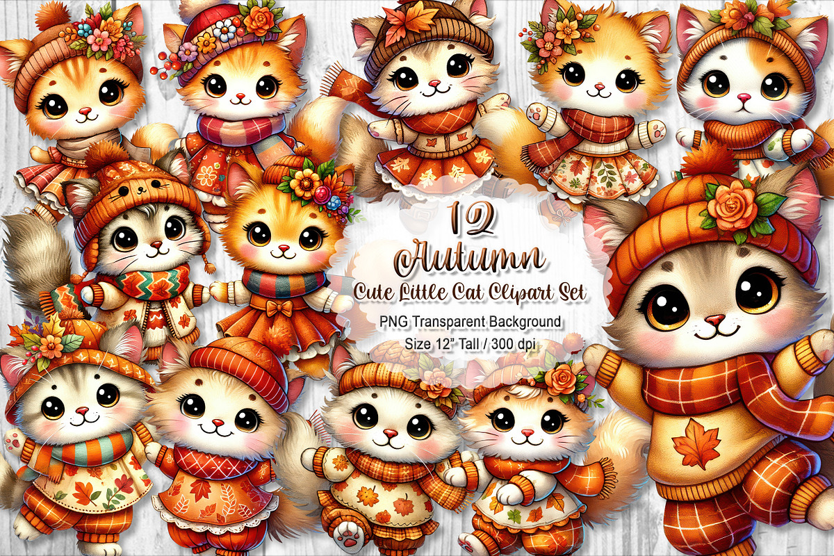 Cute Autumn Little Cat Clipart Set, a Seasonal Illustration by V Design Creator (Photo 1 of 9)