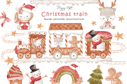 Christmas train clip arts, an Illustration by TheHappyGiftArt