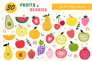 Set of bright fruits and berries