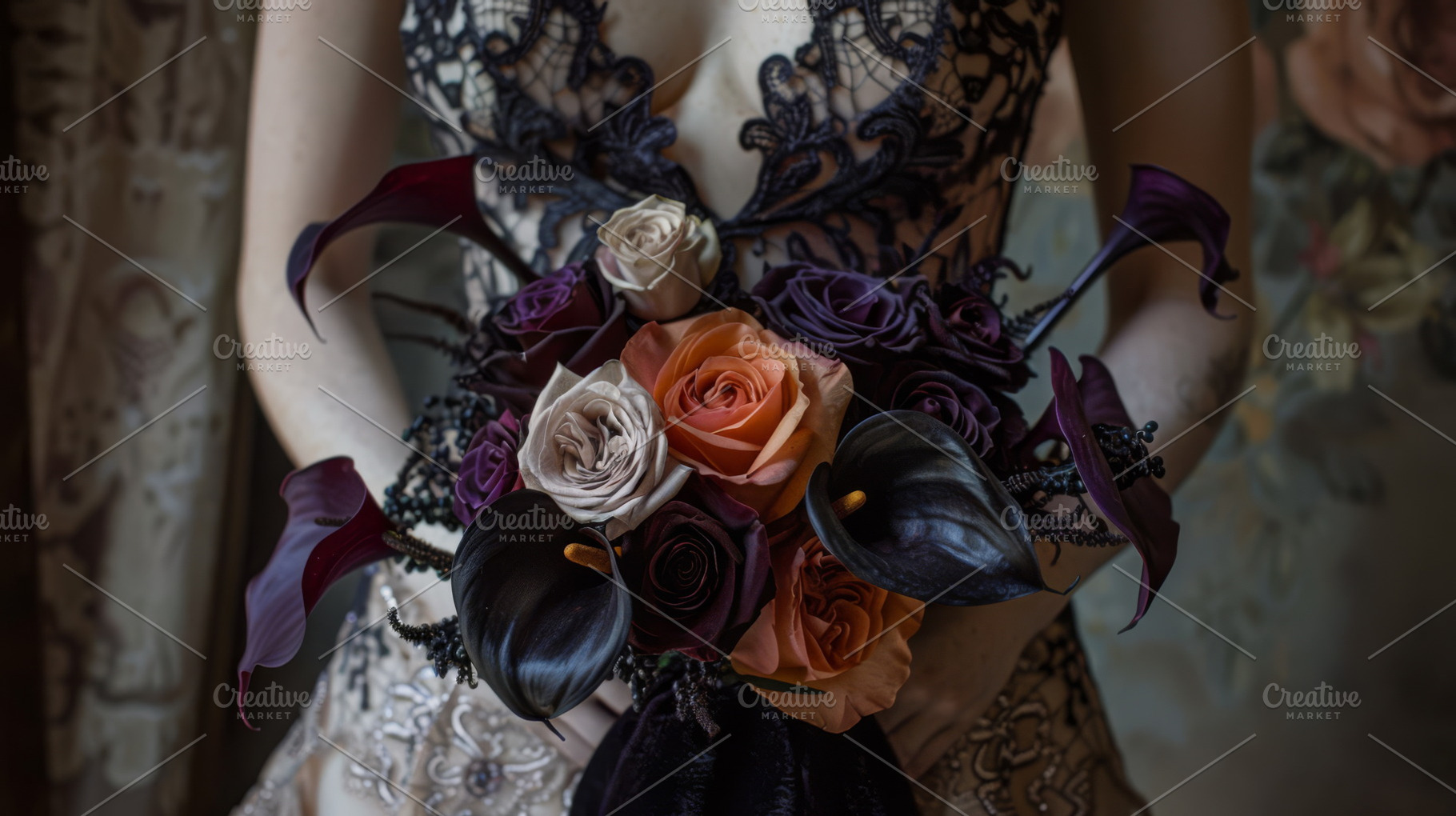 Bride in an intricate lace gown holding a bouquet of black and o, a Holiday Photo by Mashimara