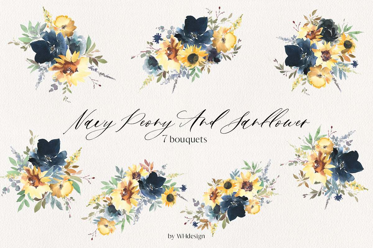Navy Peony & Sunflower Florals PNG, a Decorative Illustration by whiteheartdesign (Photo 2 of 7)