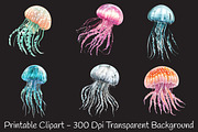 jellyfish, watercolor, cliparts, sea, an Illustration by RobertsArt (Thumbnail 2 of 7)