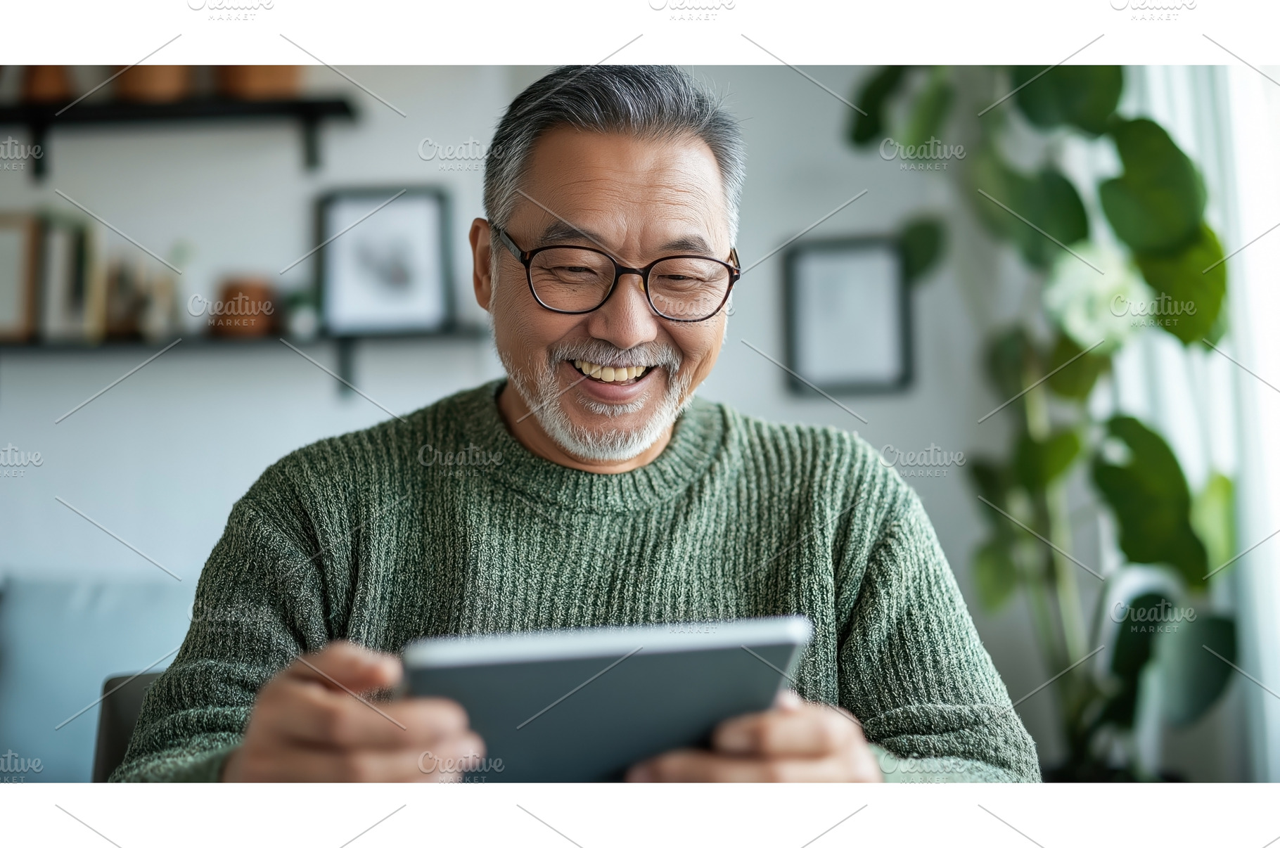 Smiling Asian senior man using a, a Technology Photo by Sergey Kotenev