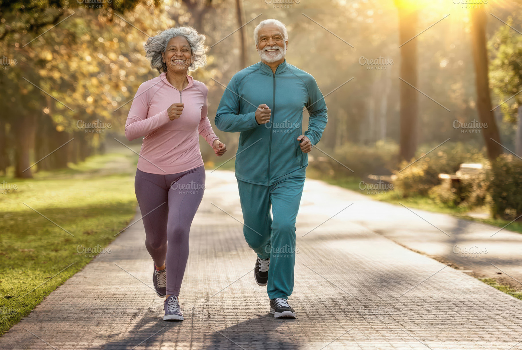 Active Senior Couple Jogging in Sunny Park, a Sports & Recreation Photo by Davizro's Market