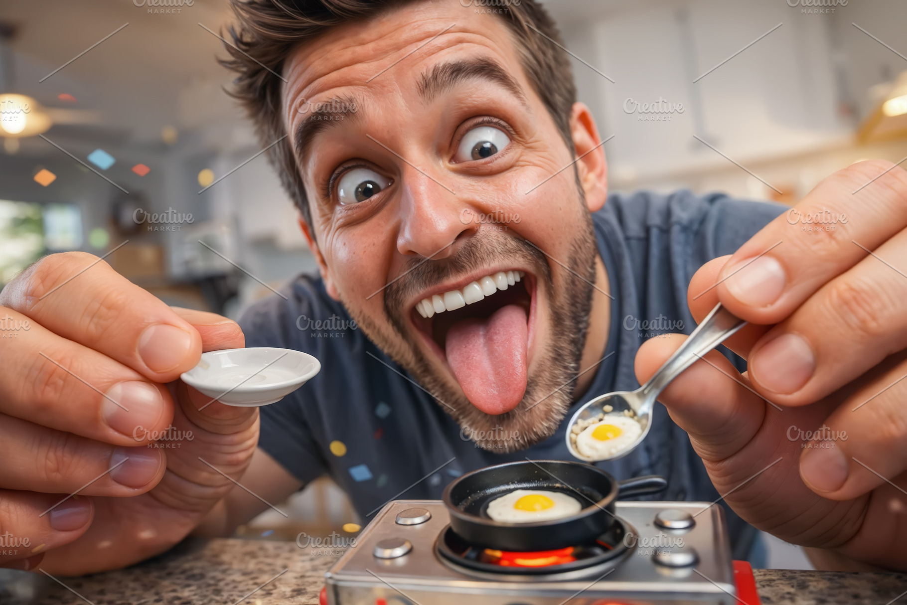 Funny man cooking fried eggs in a mi, a Food & Drink Photo by angellodeco